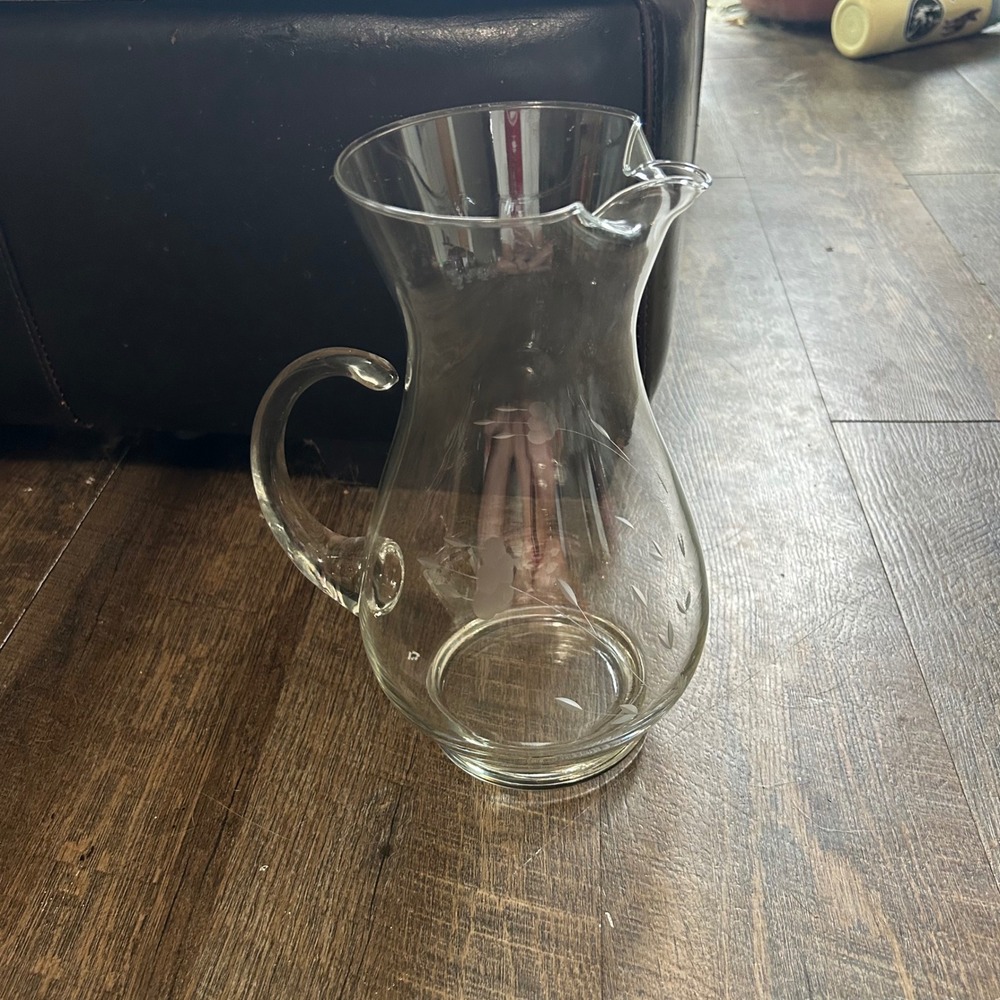 Princess House Heritage Etched Floral Clear Glass Pitcher 10 Inch Vintage 2 Qt